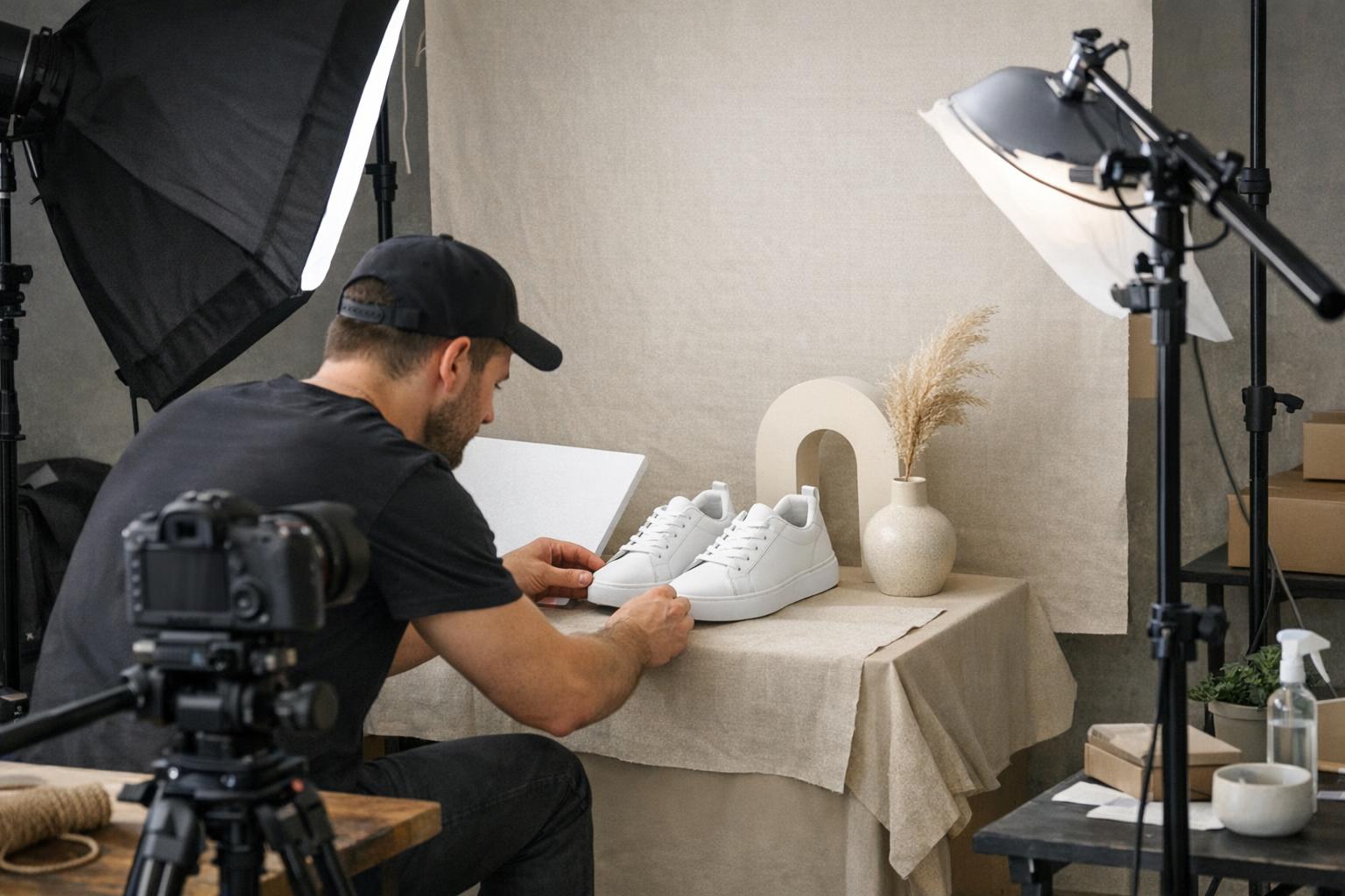 zdjęcie: fotograf produktu przygotowujący ustawienie do zdjęć e-commerce